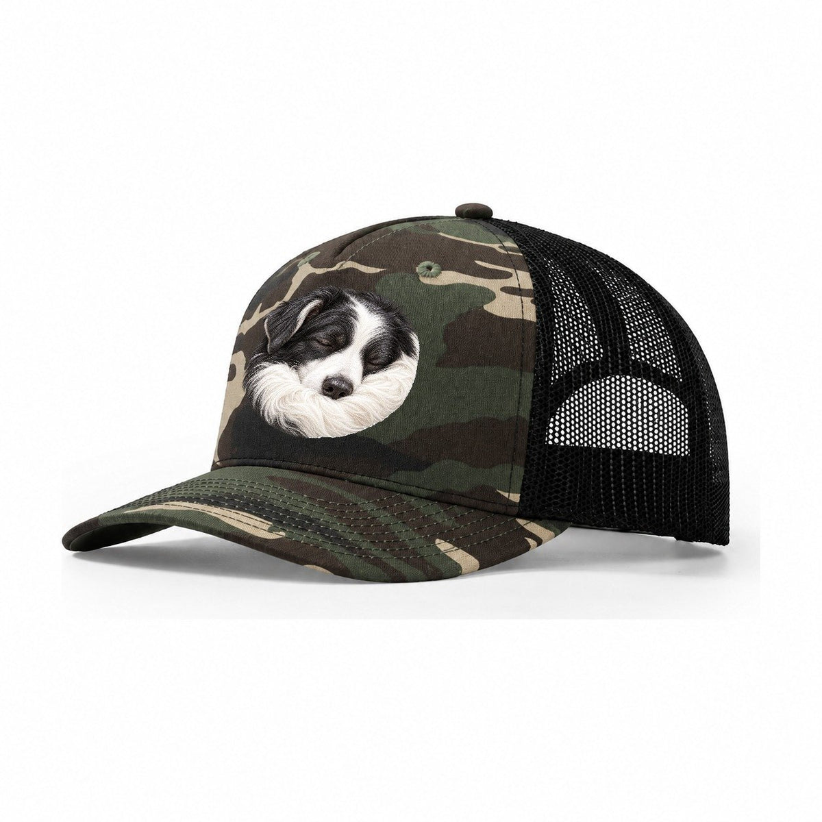 Border Collie Ruff Tuck Pastimes Companions Trucker Hat – Woodland Camo Black