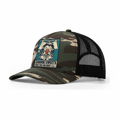 Zashiki Sweets Yokai Night Market Trucker Hat – Woodland Camo Black