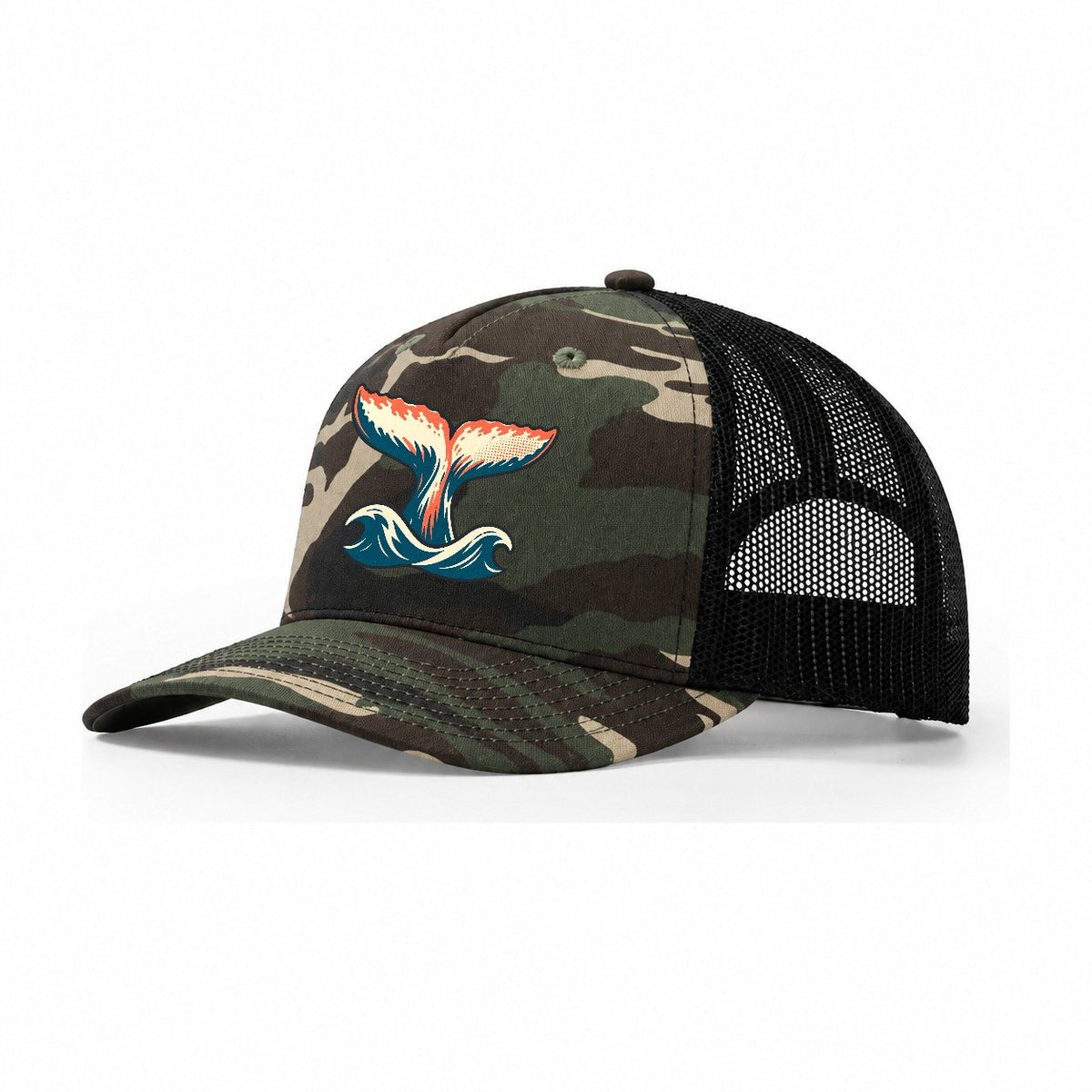 Humpback Tail Lift Trucker Hat – Woodland Camo Black