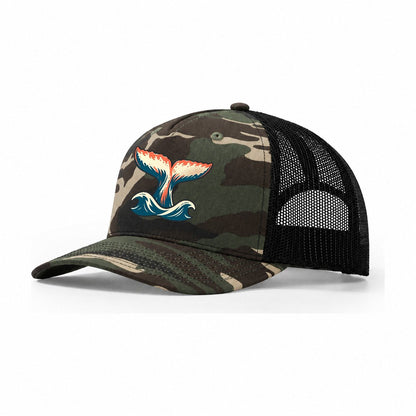 Humpback Tail Lift Trucker Hat – Woodland Camo Black