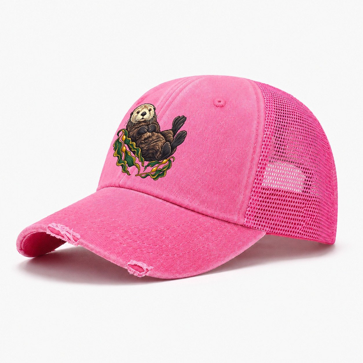 Sea Otter And Bull Kelp Canada Cultural Icons Washed Trucker Hat – Rose