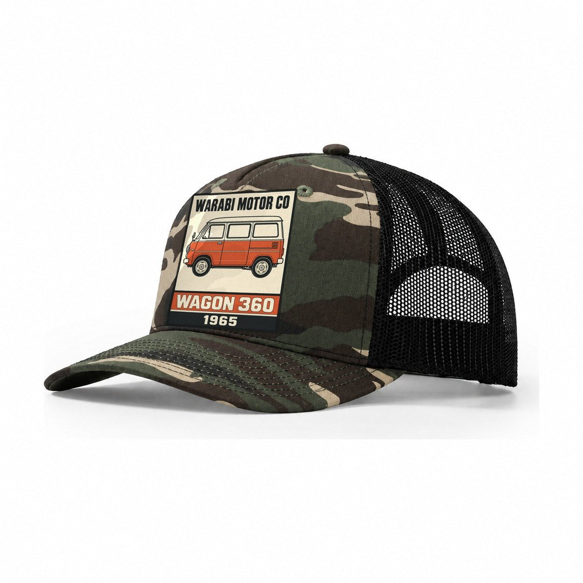 Warabi Wagon Showa Speed Plates Trucker Hat – Woodland Camo Black