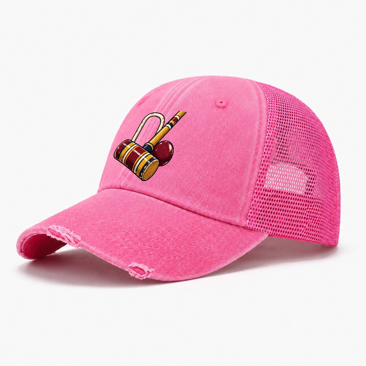 Croquet Mallet Hoop And Burgundy Ball Uk Culture Heritage Washed Trucker Hat – Rose