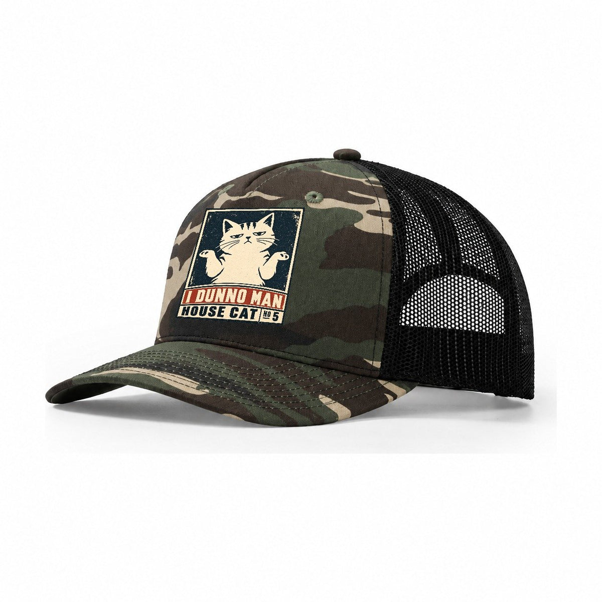 I Dunno Man Neko Says No Trucker Hat – Woodland Camo Black