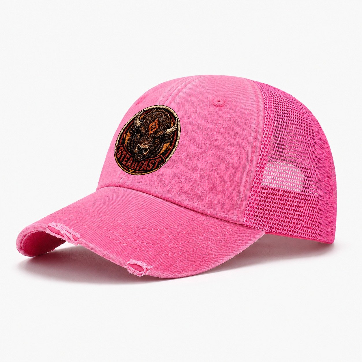 Bison Steadfast Badge Washed Trucker Hat – Rose
