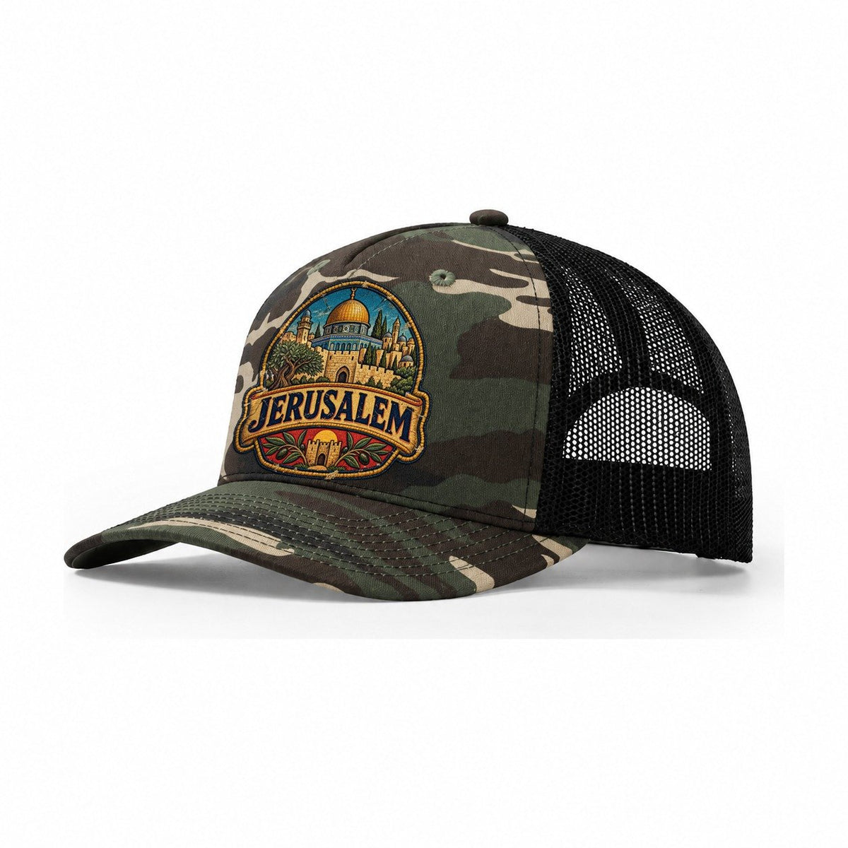 Jerusalem Travel Patch Jerusalem Trucker Hat – Woodland Camo Black