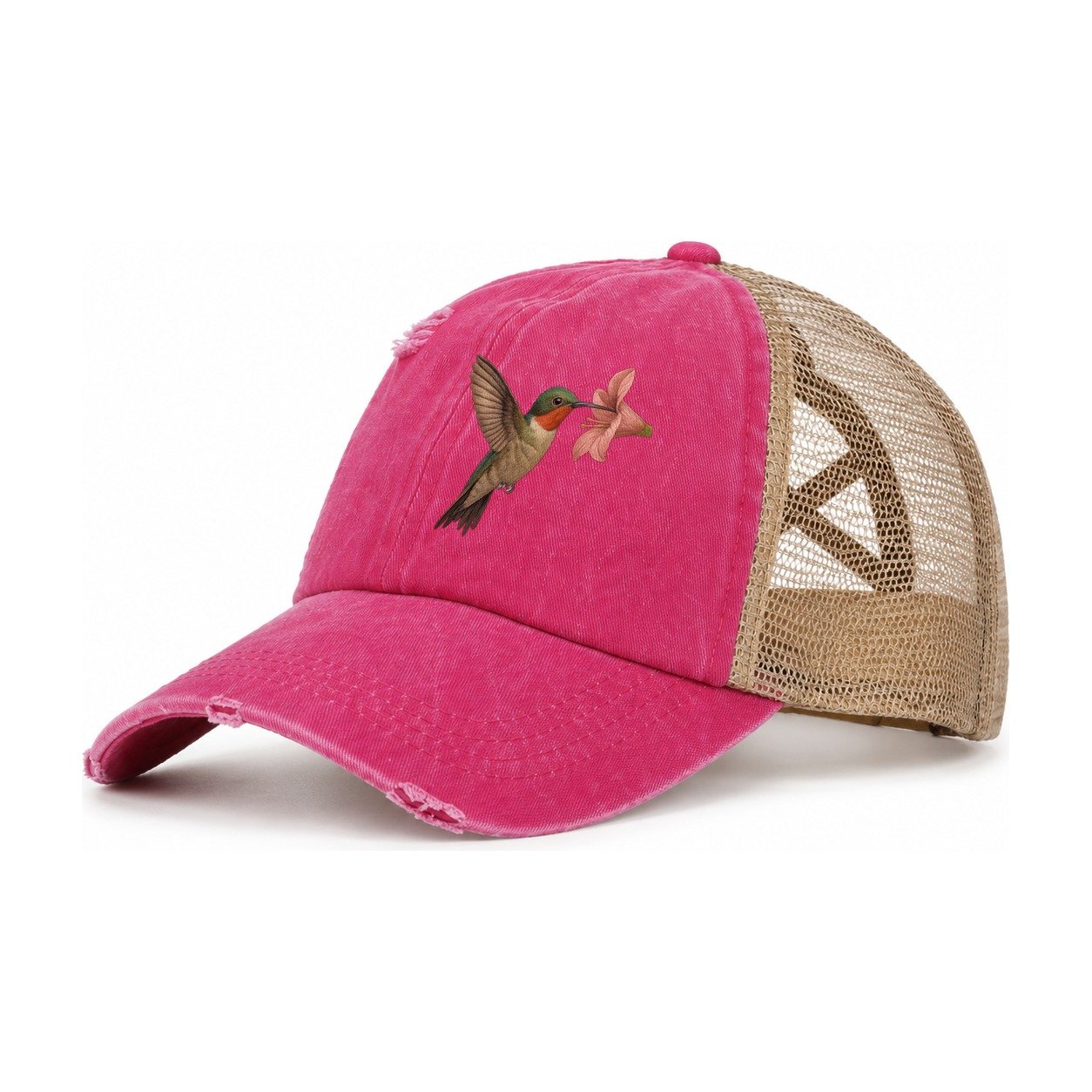 Hummingbird Haven Women's Ponytail Trucker Hat – Raspberry Khaki