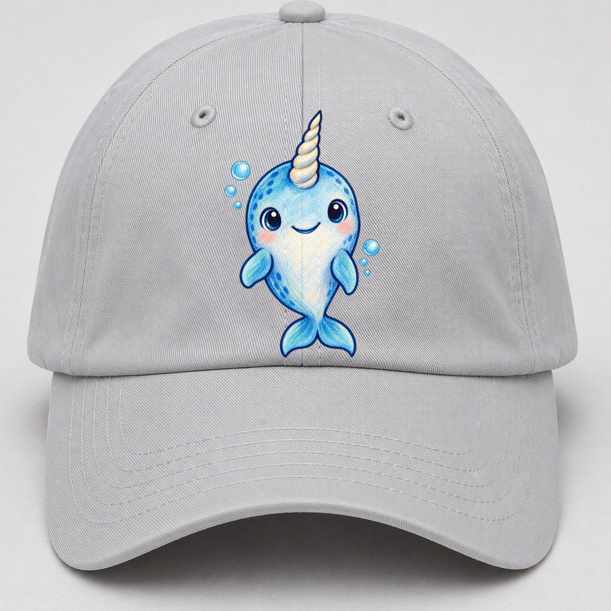 Narwhal Front Tusk Hello Sea Sprite Baseball Cap – Light Gray