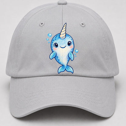Narwhal Front Tusk Hello Sea Sprite Baseball Cap – Light Gray