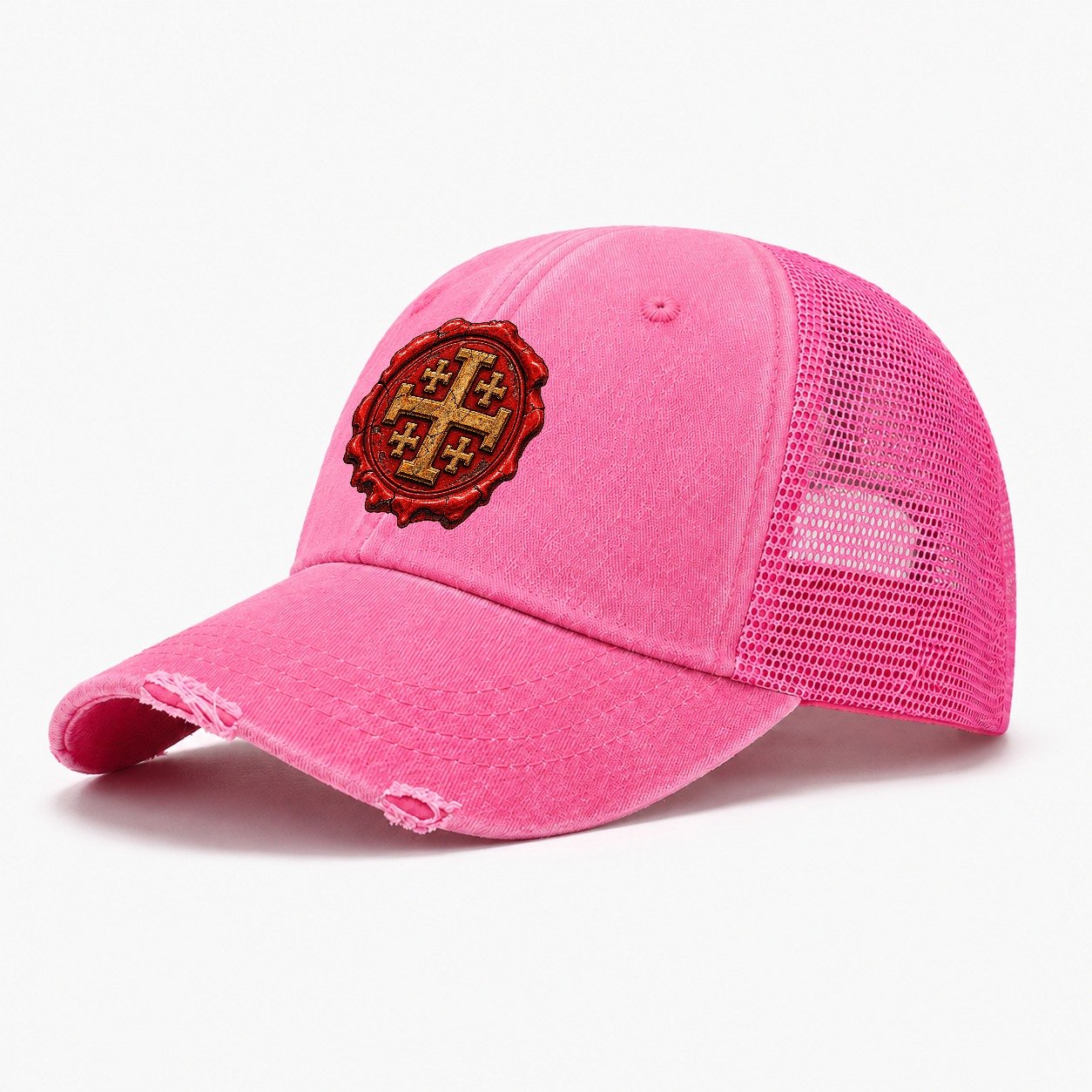 Red Wax Seal Impression Jerusalem Cross Washed Trucker Hat – Rose