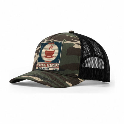 Hanami Tea House Noren Trade Co Trucker Hat – Woodland Camo Black