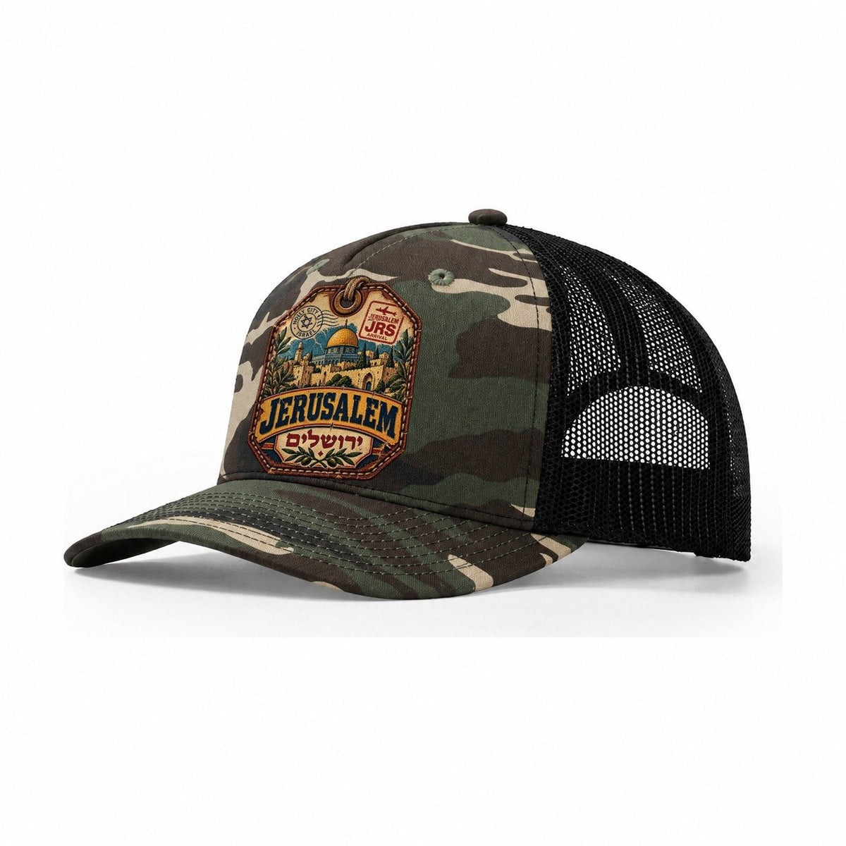 Jerusalem Luggage Label Jerusalem Trucker Hat – Woodland Camo Black