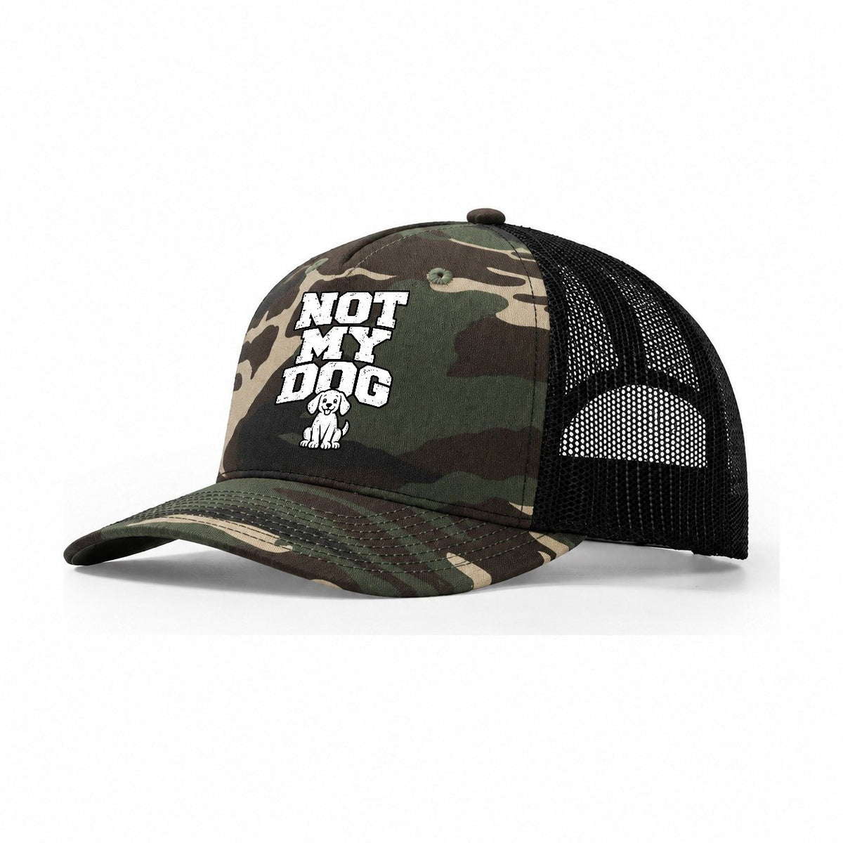 Not My Dog Trucker Hat – Woodland Camo Black