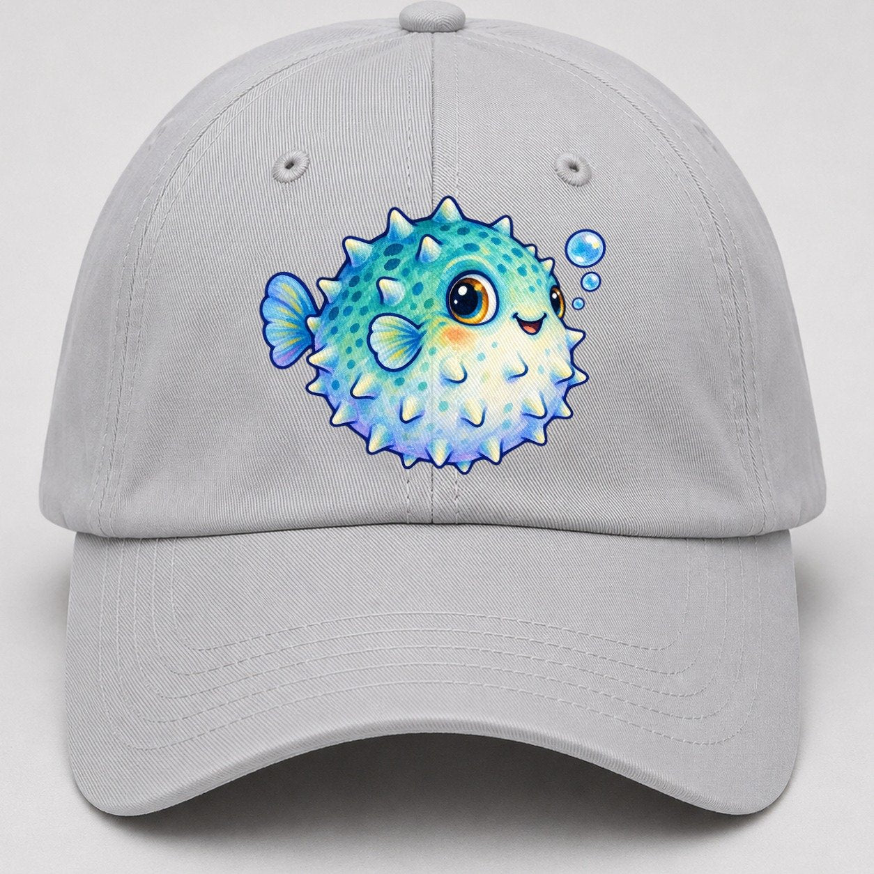 Pufferfish Side Puff Sea Sprite Baseball Cap – Light Gray