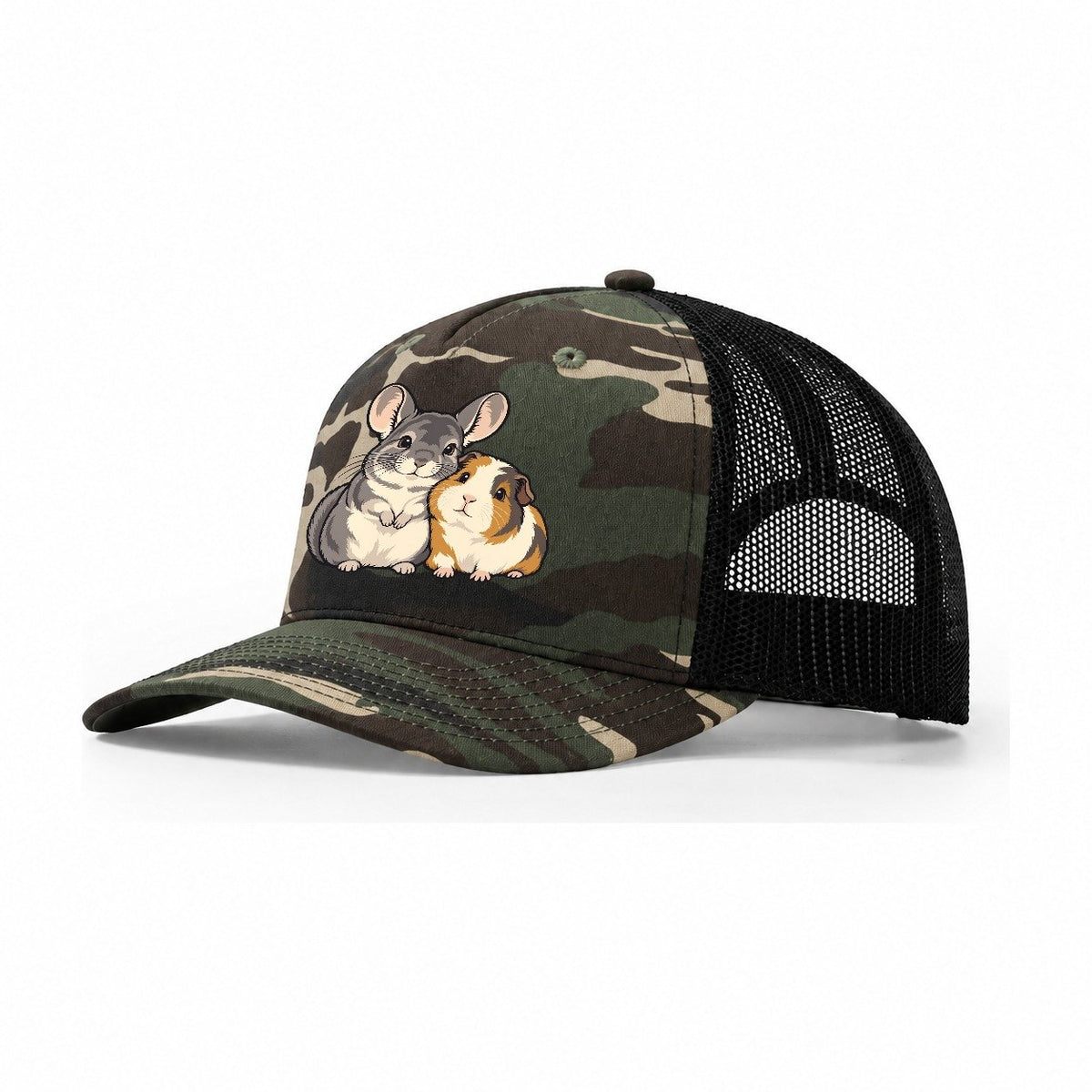 Chinchilla And Guinea Pig Small Pet Logos Trucker Hat – Woodland Camo Black