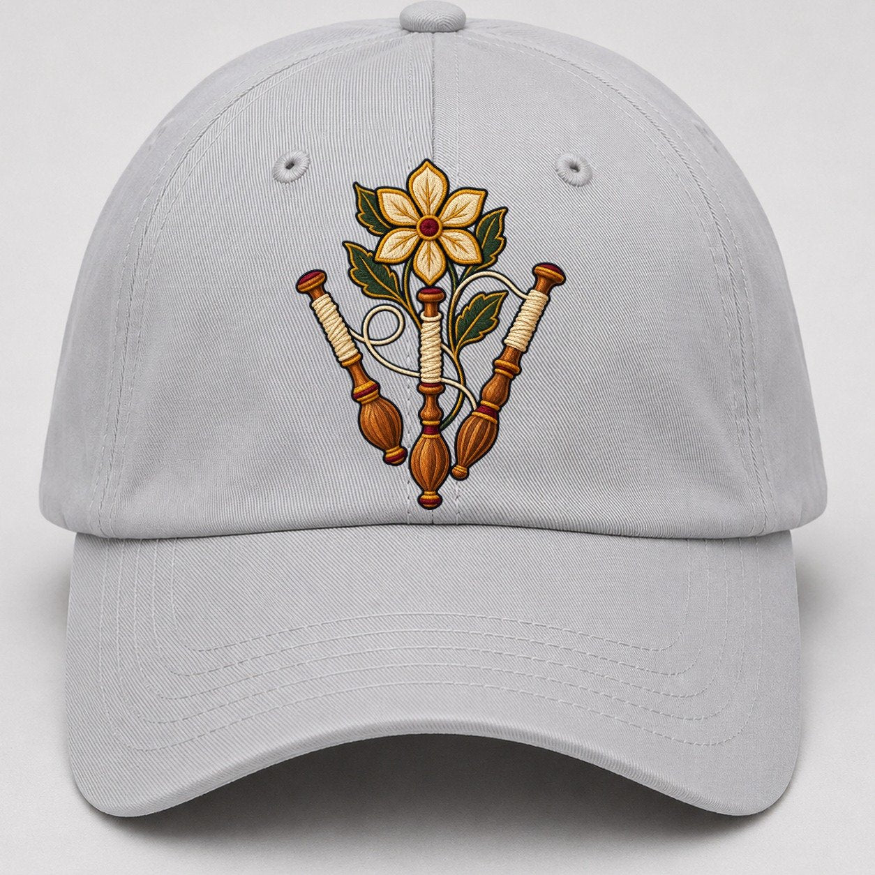 Three Lace Bobbins And Six Petal Linen Bloom Uk Culture Heritage Baseball Cap – Light Gray