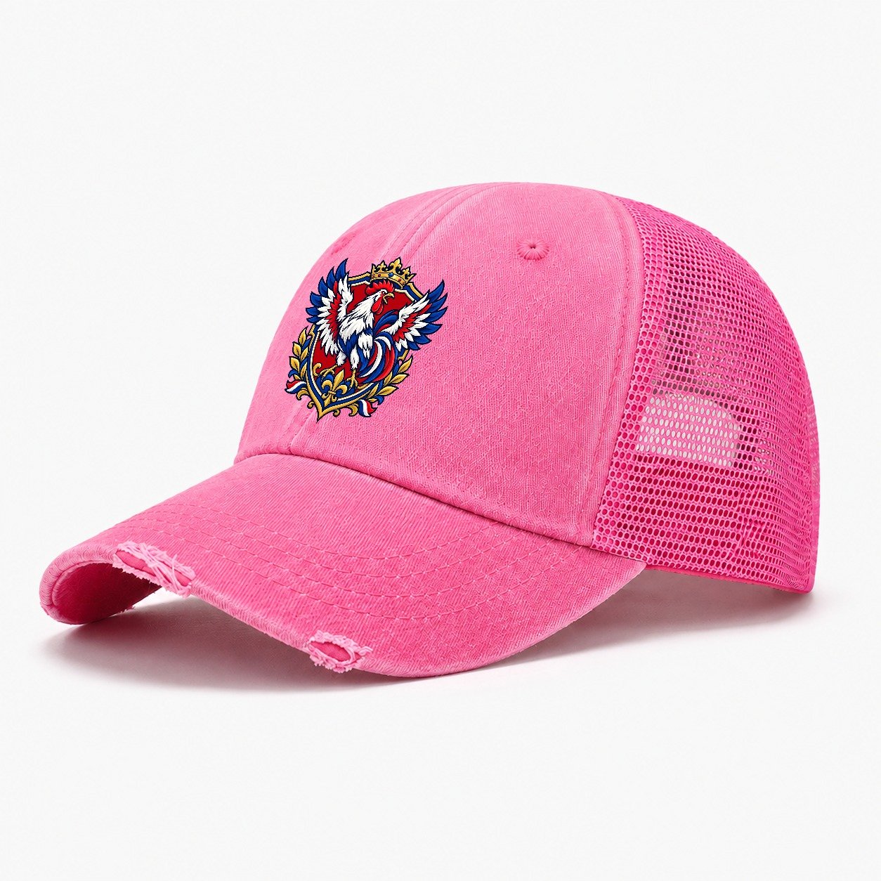 France Heraldic Crest Country Logos Washed Trucker Hat – Rose