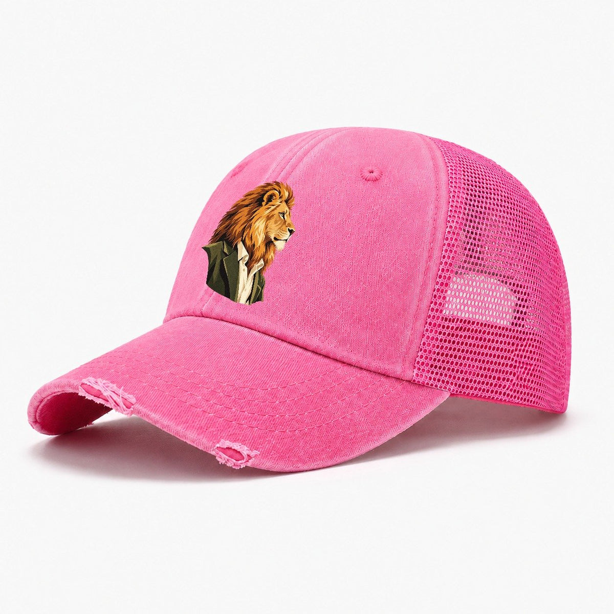 Lion in Suit Portrait Washed Trucker Hat – Rose