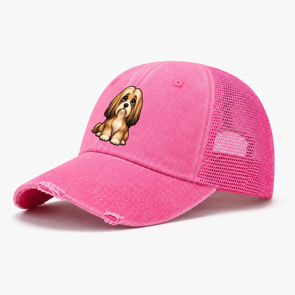 Lhasa Apso Sitting Sweetheart Washed Trucker Hat – Rose