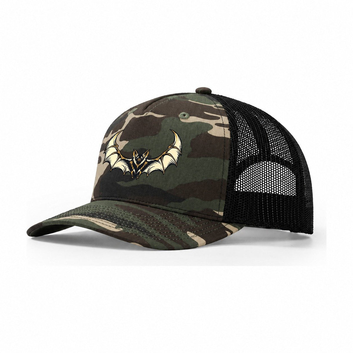 Bat Crescent Wings Sundown Familiars Trucker Hat – Woodland Camo Black