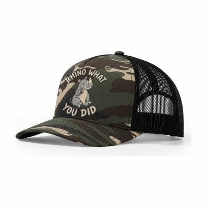 Rhino Animal Puns Trucker Hat – Woodland Camo Black
