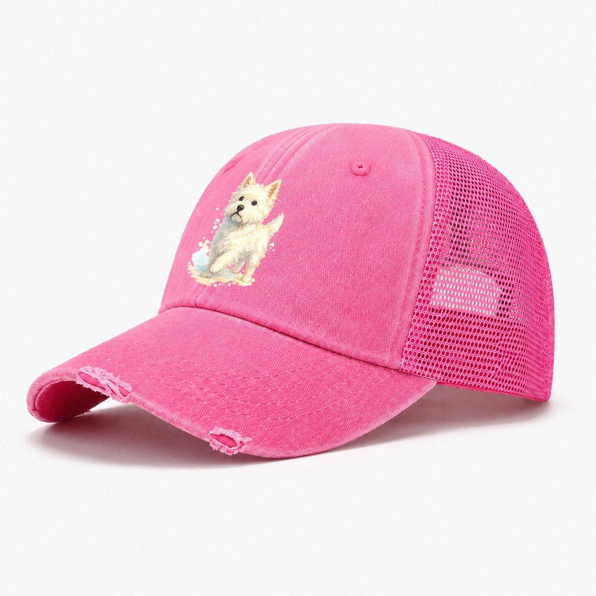 Westie Watercolor Portrait Washed Trucker Hat – Rose