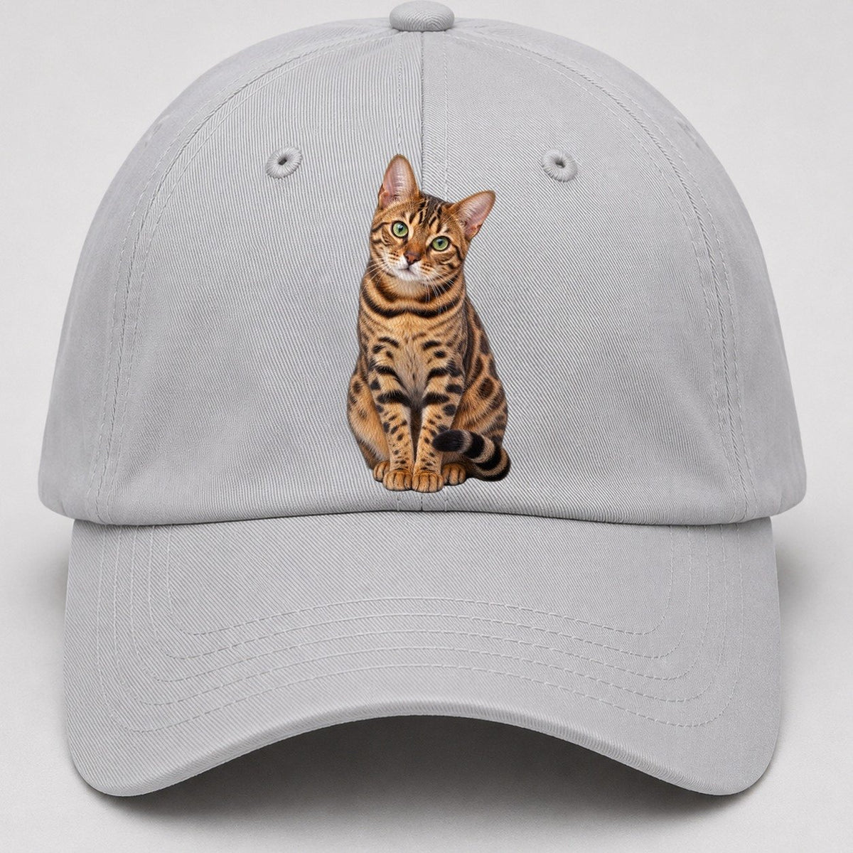 Bengal Seated Portrait Realistic Cat Portrait Baseball Cap – Light Gray