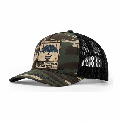 Rain Check Bar Izakaya Rules Trucker Hat – Woodland Camo Black