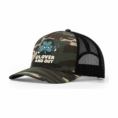 Clover And Out Familiar Punchlines Trucker Hat – Woodland Camo Black