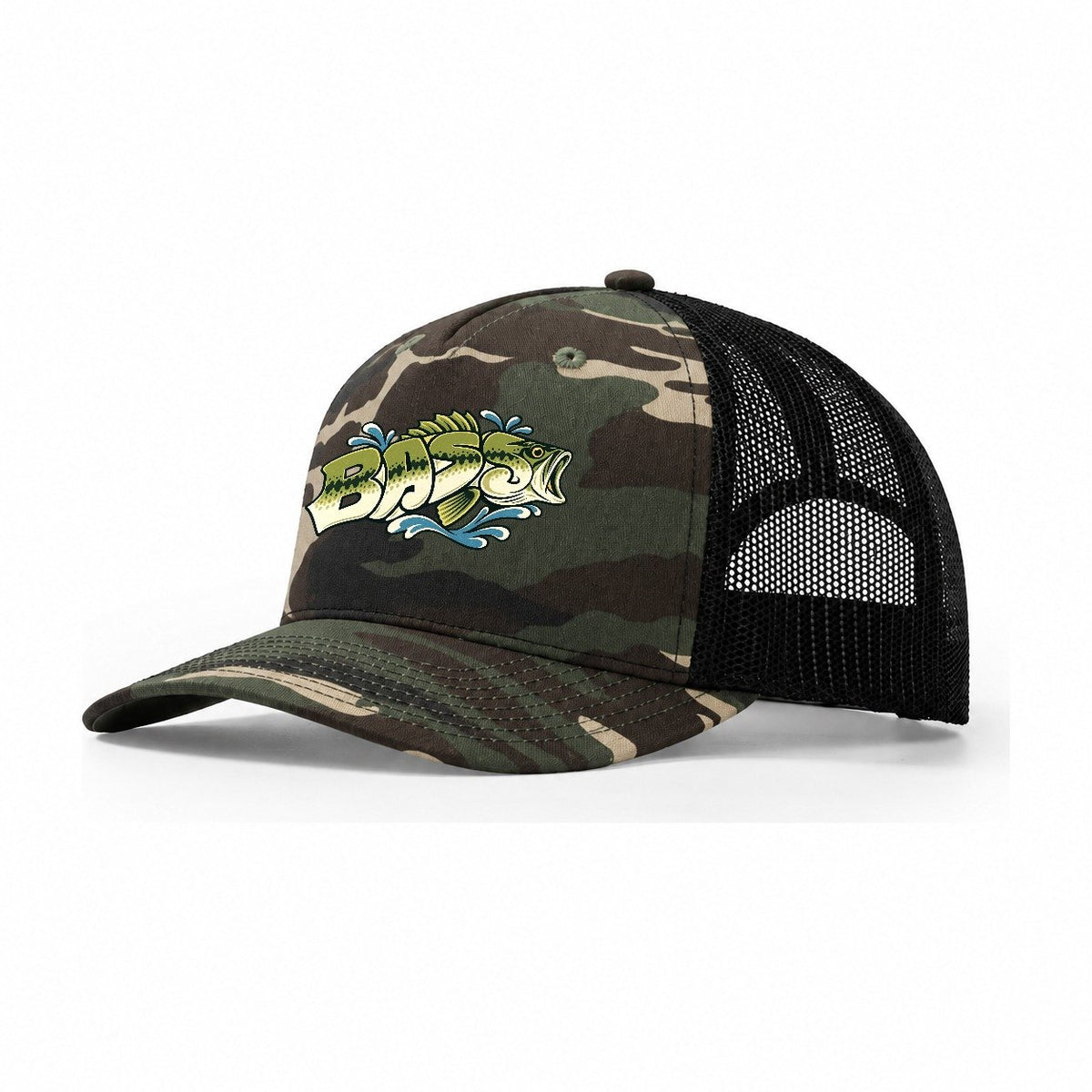 Bass Fish Lettering Trucker Hat – Woodland Camo Black