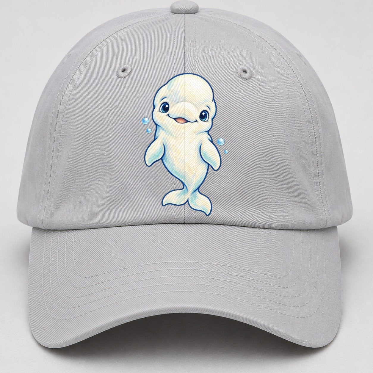 Beluga Whale Front Smile Sea Sprite Baseball Cap – Light Gray