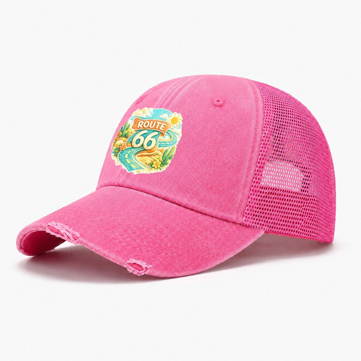 Route 66 Highway Shield Washed Trucker Hat – Rose