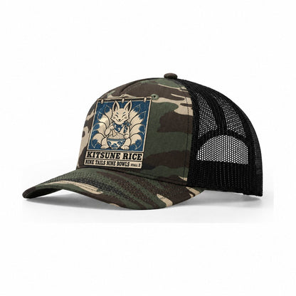 Kitsune Rice Yokai Night Market Trucker Hat – Woodland Camo Black