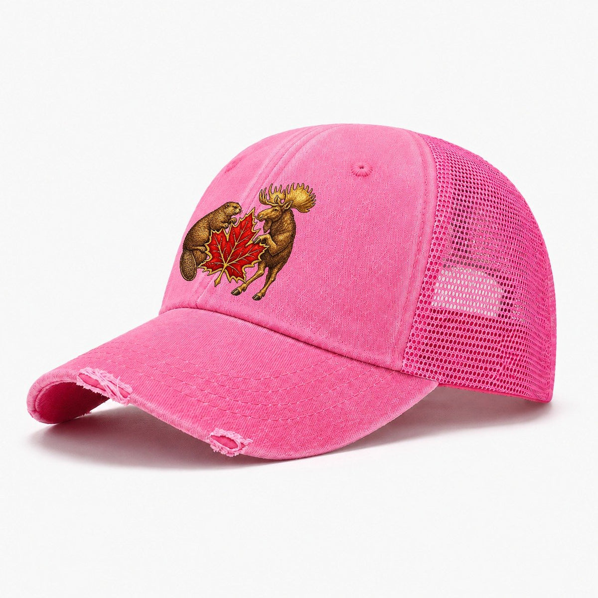 Canada Beaver And Moose Washed Trucker Hat – Rose