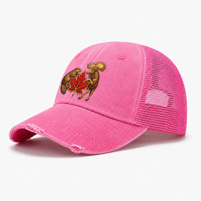 Canada Beaver And Moose Washed Trucker Hat – Rose