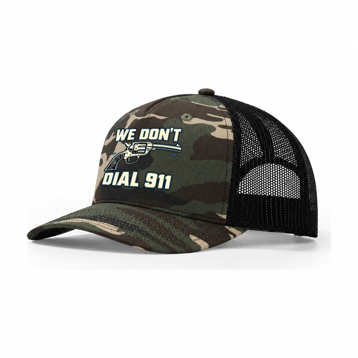 Technical Grid We Don't Dial 911 Trucker Hat – Woodland Camo Black