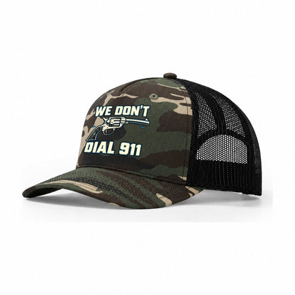 Technical Grid We Don't Dial 911 Trucker Hat – Woodland Camo Black