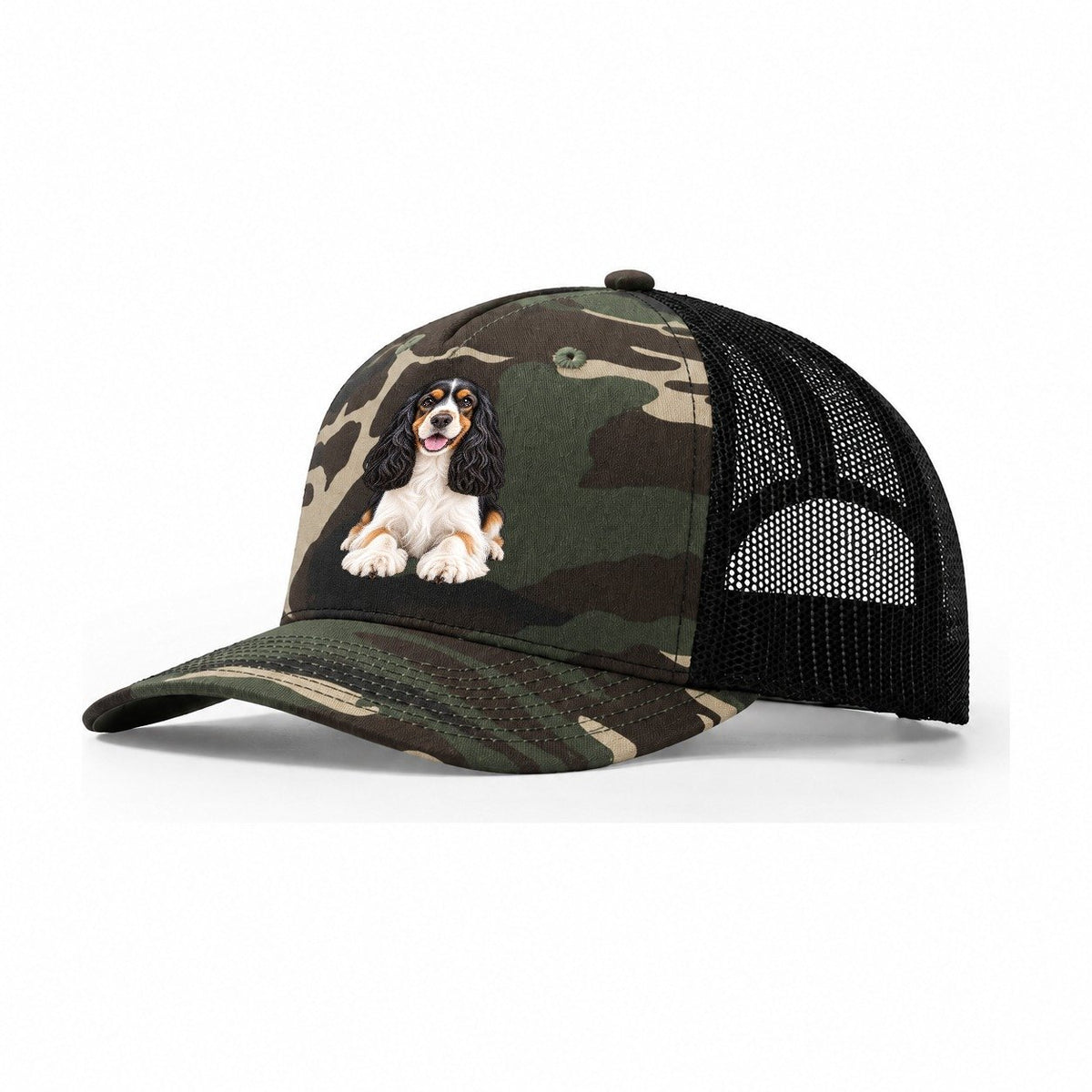 Tri Color Cocker Spaniel Trucker Hat – Woodland Camo Black