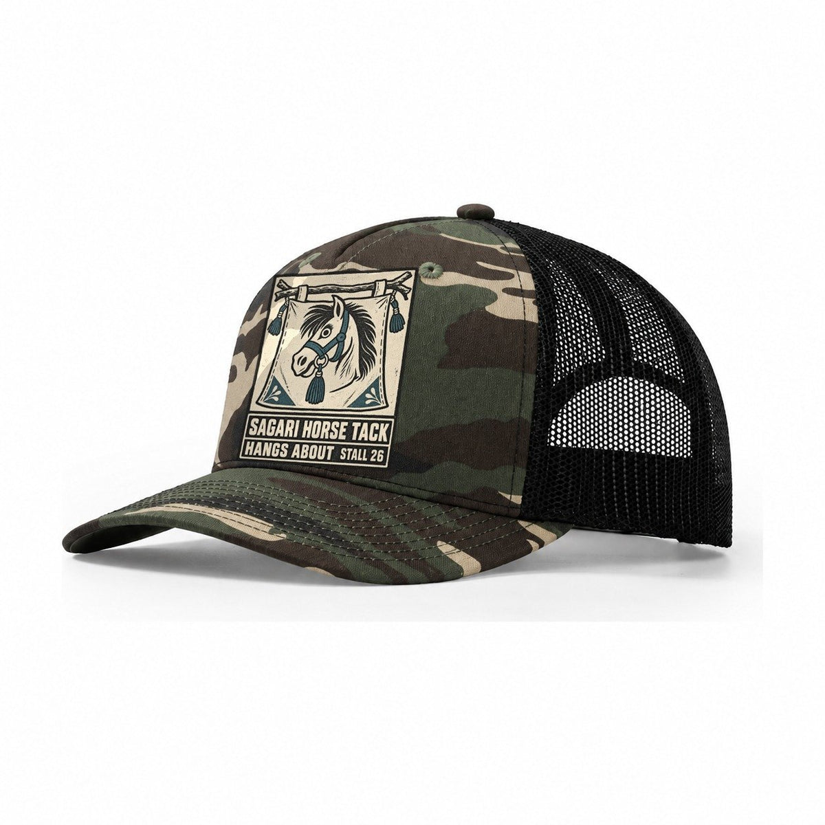 Sagari Horse Tack Yokai Night Market Trucker Hat – Woodland Camo Black