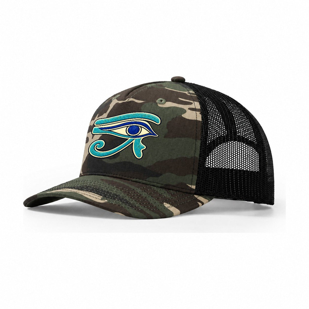Wedjat In Blue Quiet Wards Heritage Trucker Hat – Woodland Camo Black
