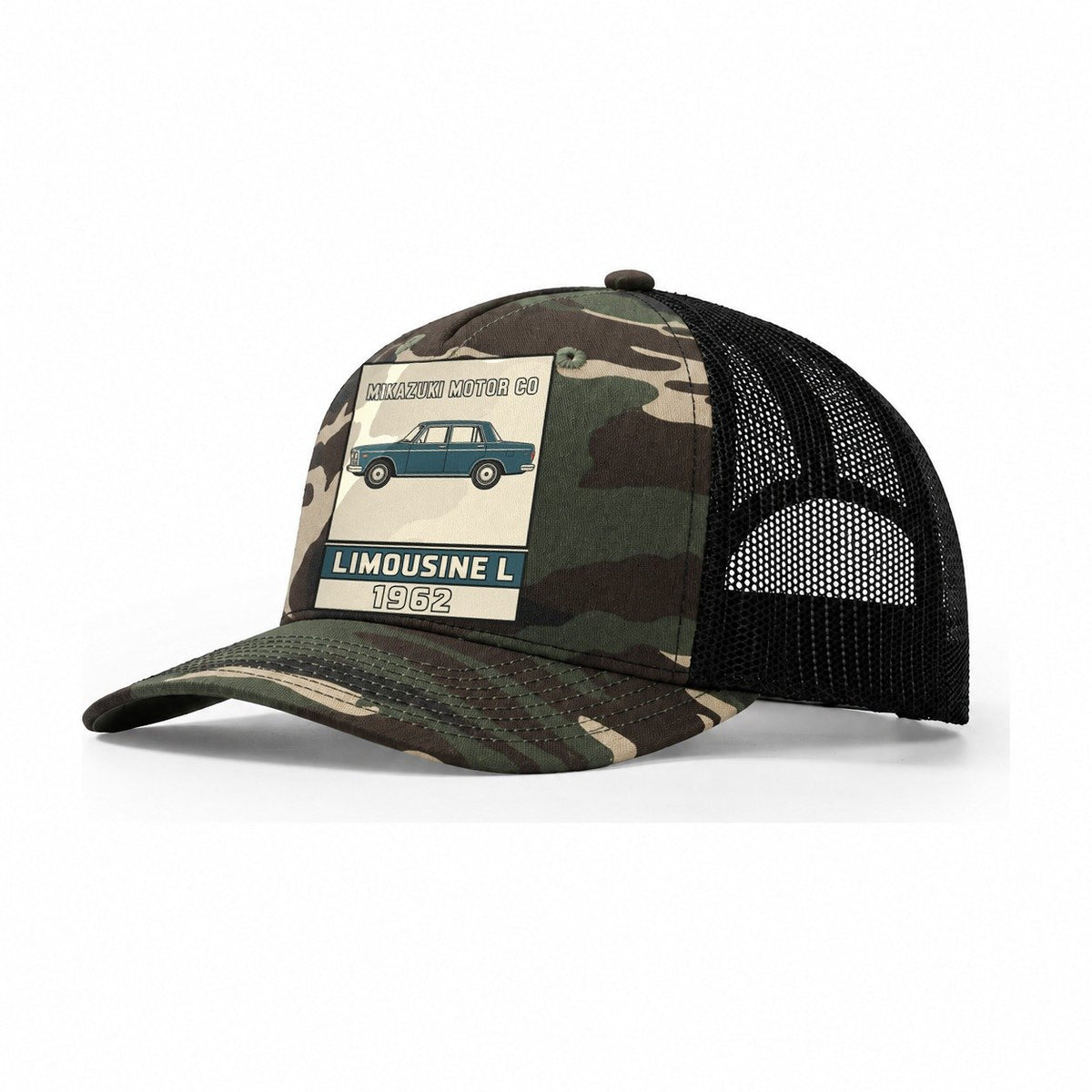 Mikazuki Limousine Showa Speed Plates Trucker Hat – Woodland Camo Black