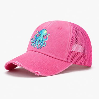 Octopus Curious Wave Sea Sprite Washed Trucker Hat – Rose