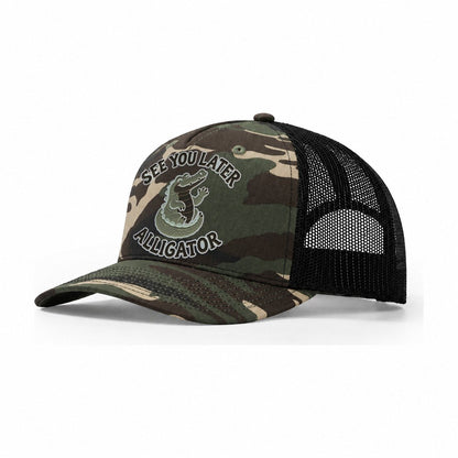 Alligator Animal Puns Trucker Hat – Woodland Camo Black
