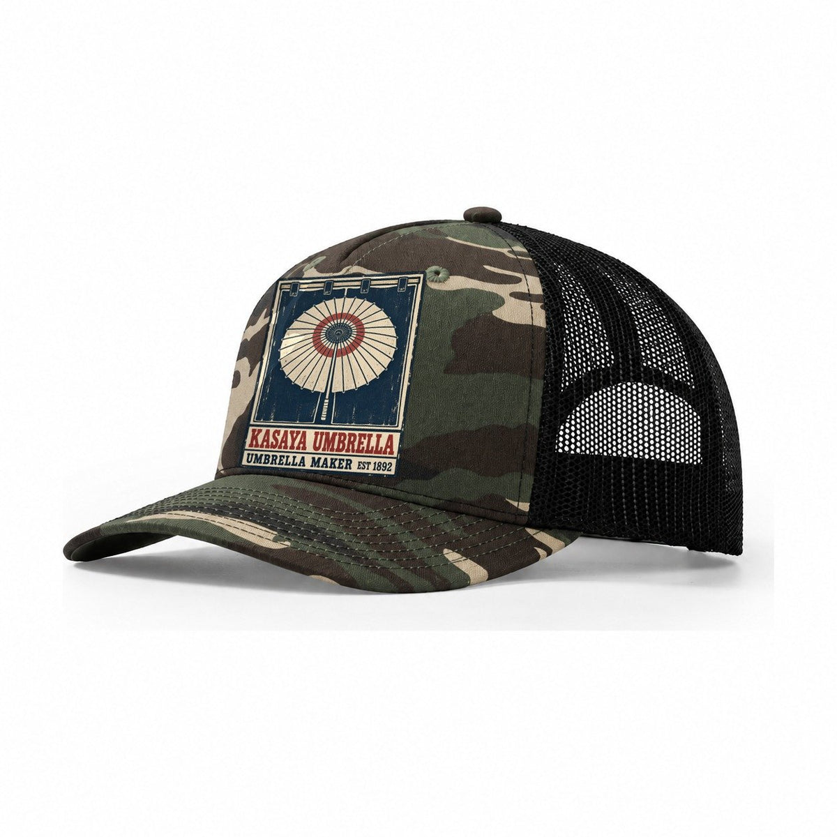 Kasaya Umbrella Noren Trade Co Trucker Hat – Woodland Camo Black