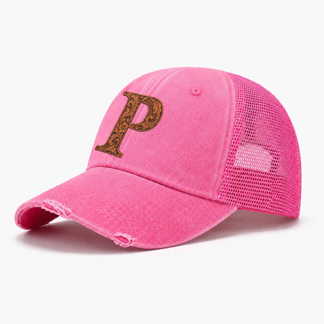 Tooled Leather P Monogram Washed Trucker Hat – Rose