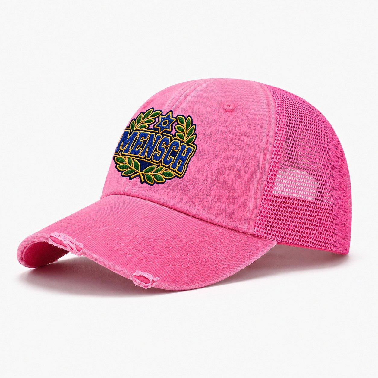 Mensch Badge Judaism Heritage Washed Trucker Hat – Rose