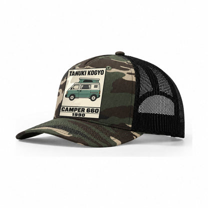 Tanuki Camper Showa Speed Plates Trucker Hat – Woodland Camo Black