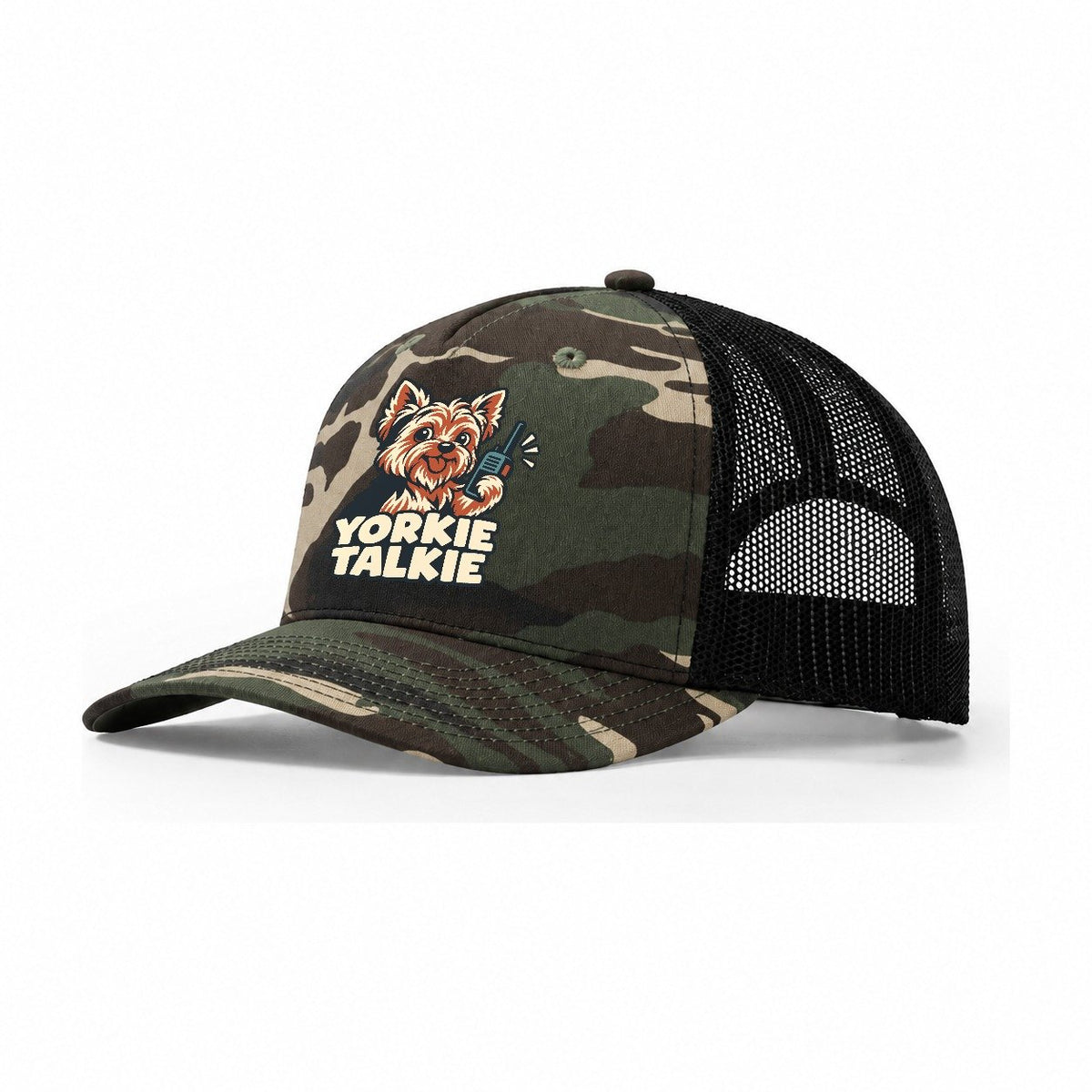 Yorkie Talkie Familiar Punchlines Trucker Hat – Woodland Camo Black