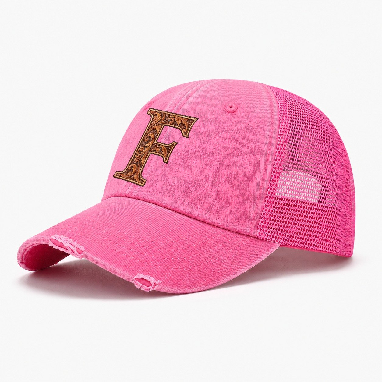 Tooled Leather F Monogram Washed Trucker Hat – Rose