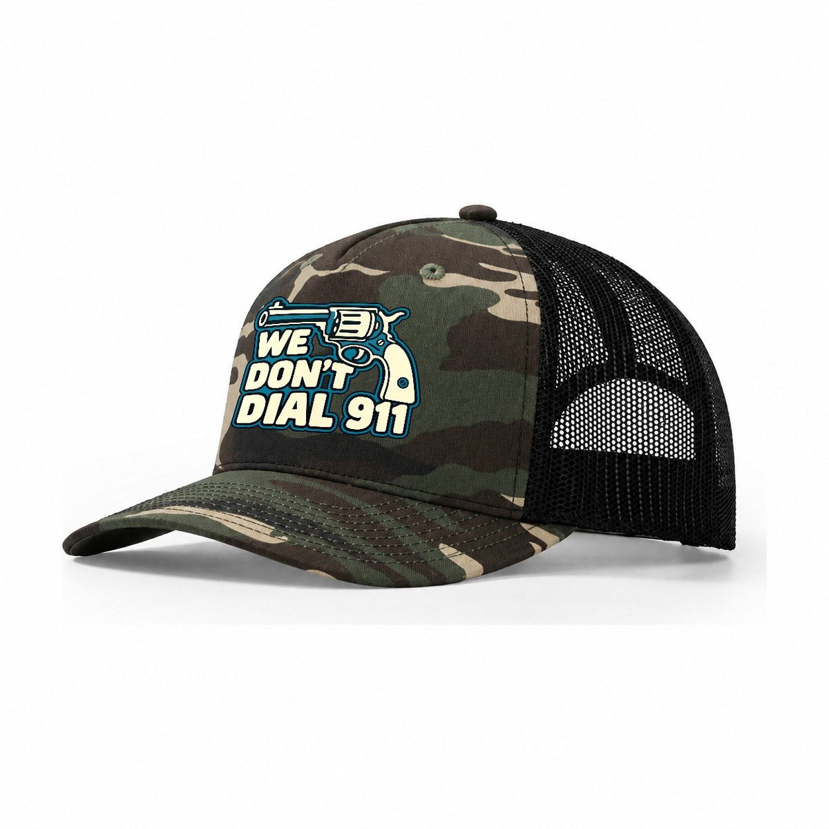 Continuous Line Mark We Don't Dial 911 Trucker Hat – Woodland Camo Black